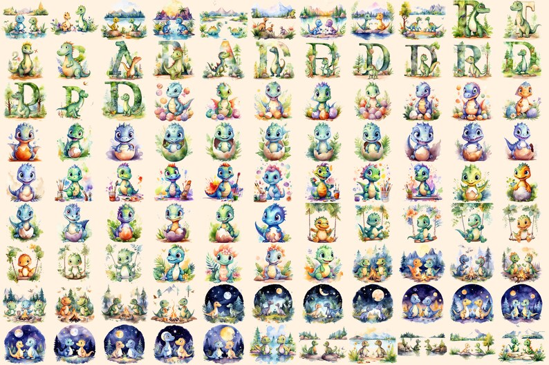 Dinosaurs Watercolor Clipart Bundle - 690+ transparent PNG, Dino graphics, Ancient dinosaur creature png, Commercial use, Digital download