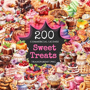 Sweet Treats Watercolor Clipart Bundle - 200 transparent PNG, Desserts, Cupcakes, Macarons, Cookies, Donuts, Commercial use,Digital download