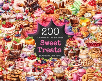 Watercolor Desserts Clipart – 200 Sweet Treats PNG (Digital Download)