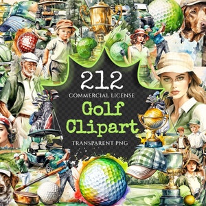 Golf Watercolor Clipart Bundle - 210+ transparent PNG, Golf scene illustrations, Athletic graphics, Commercial use, Digital download