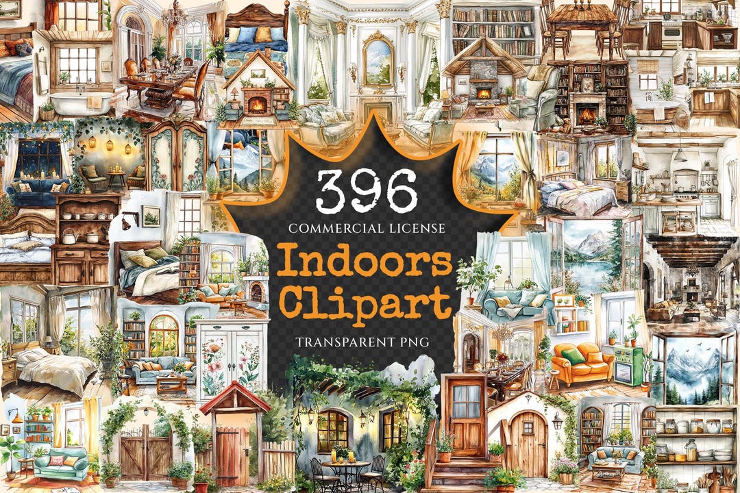 Watercolor Interiors Clipart Bundle – 392+ PNG Home Graphics (digital ...