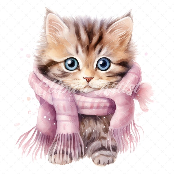 18 High-Quality Kittens With Scarf Clipart - Kittens scarf digital watercolor JPG instant download for commercial use - Digital download
