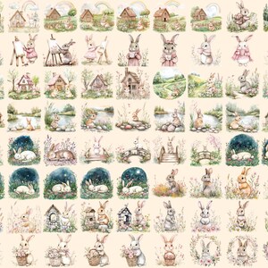 Cottagecore Bunnies Watercolor Clipart Bundle - 594+ transparent PNG, Rustic rabbit graphics, Cute bunny, Commercial use, Digital download