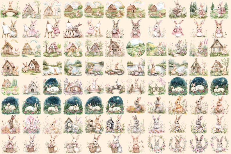 Cottagecore Bunnies Watercolor Clipart Bundle - 594+ transparent PNG, Rustic rabbit graphics, Cute bunny, Commercial use, Digital download