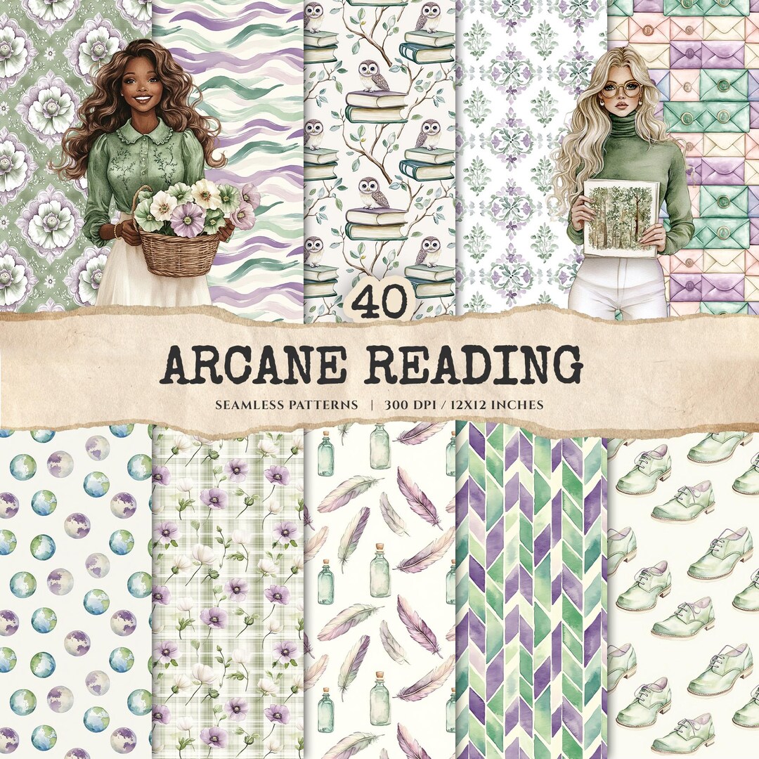 Arcane Reading Seamless Patterns, Magical Book, Poppy Floral, Forest ...
