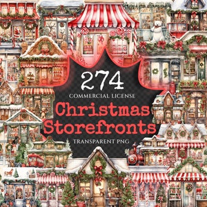 Christmas Storefronts Watercolor Clipart Bundle - 270+ transparent PNG, Christmas shop images, Cozy holiday, Commercial use,Digital download