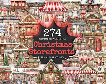Christmas Storefronts Watercolor Clipart Bundle – 270+ PNG, Holiday Shop Images (Digital Download)