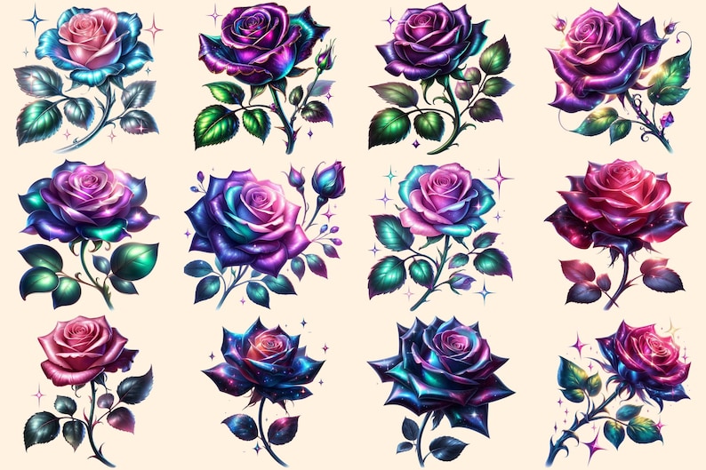 Fantasy Roses PNG Clipart Collection - 54 PNG, Magical rose illustration, Enchanted floral art, Commercial use, Digital download