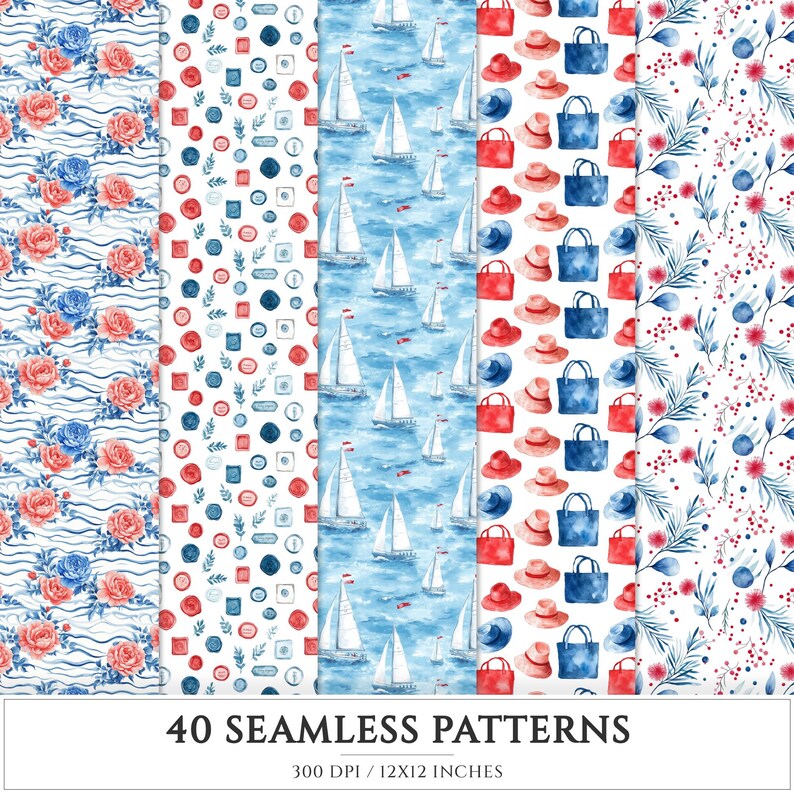 French Riviera Seamless Patterns, Summer Beach Designs (digital ...