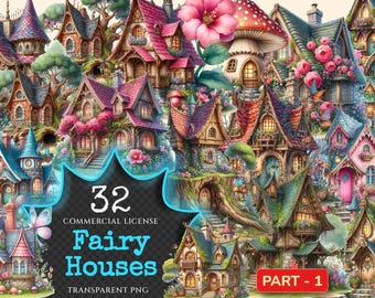 May include: A digital illustration of 32 fairy houses in a whimsical woodland setting. The houses are brightly coloured and feature intricate details, including windows, doors, and chimneys. The illustration is perfect for use in digital scrapbooking, card making, and other creative projects.