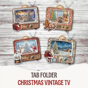 Christmas Vintage TV Pocket, Festive Pockets, X-mas Gift Cards, Junk Journal Kit, Winter Printable, Tab Folder, Loaded Tags