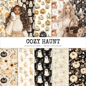 Peut inclure: Une collection de 40 motifs sans couture "Cozy Haunt". Les motifs présentent des illustrations de citrouilles, de fantômes, de toiles d'araignées et de motifs floraux. L'image comprend des illustrations de femmes et le texte "COZY HAUNT" et "SEAMLESS PATTERNS | 300 DPI / 30.5X30.5 CM".