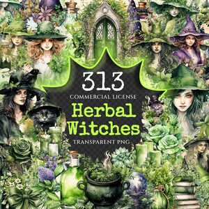 Herbal Witches Watercolor Clipart Bundle - 310+ transparent PNG, Whimsical fantasy graphics, Enchanted png, Commercial use, Digital download