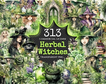 Watercolor Witches Clipart – Herbal, Enchanted PNG Graphics (Digital Download)