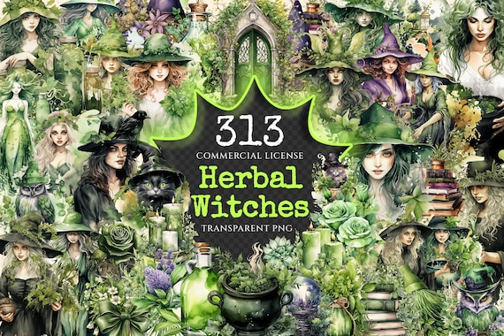 Watercolor Witches Clipart – Herbal, Enchanted PNG Graphics (Digital Download)