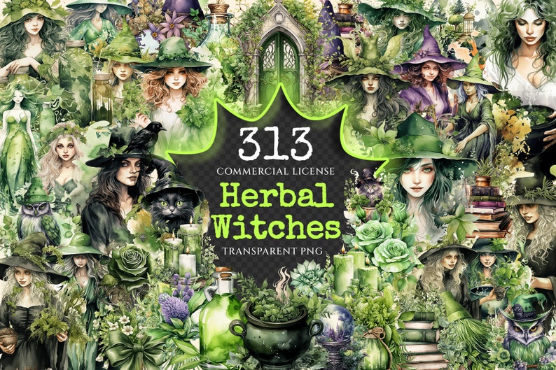 Herbal Witches Watercolor Clipart Bundle - 310+ transparent PNG, Whimsical fantasy graphics, Enchanted png, Commercial use, Digital download
