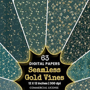 Gold Vines Flowers Seamless Digital Paper - 63 Scrapbook patterns, Vine flower textures, Gold leaf pattern, Commercial use, Digital download
