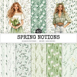 Spring Notions Seamless Patterns, Floral season JPEG, Cute springtime pattern, Meadow flowers repeating pattern, Digital scrapbook paper