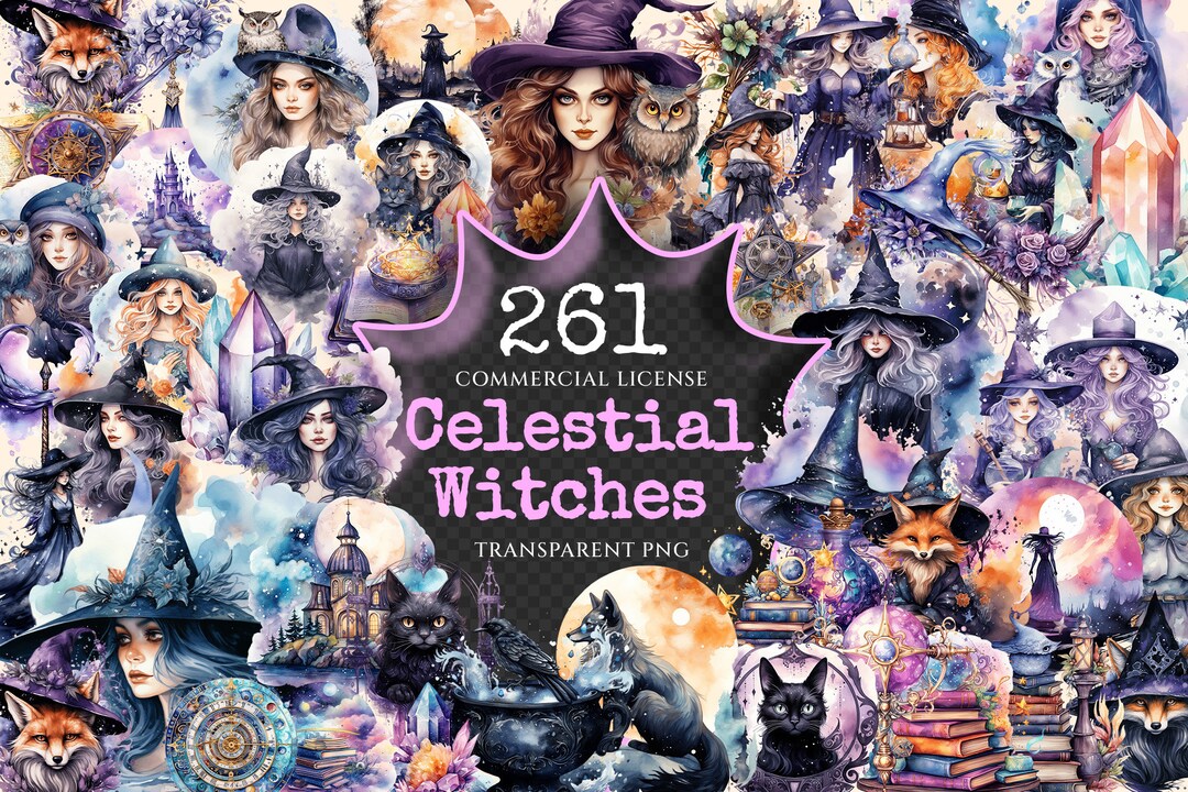 Celestial Witches Watercolor Clipart Bundle – 260+ PNG (digital ...