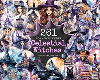 May include: A digital collage of 261 watercolor illustrations featuring celestial witches, owls, cats, foxes, crystals, potions, and other magical elements. The text "261 Commercial License Celestial Witches Transparent PNG" is displayed in the center of the image.
