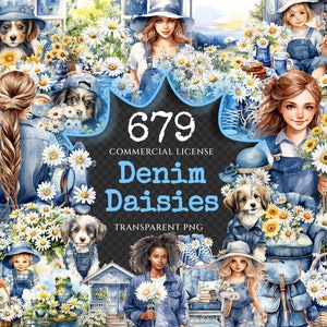 Könnte beinhalten: Eine digitale Illustration einer Sammlung von Aquarellbildern mit Frauen, Hunden und Gänseblümchen. Die Bilder sind im Denim-Stil gehalten und in Blau- und Weißtönen gehalten. Der Text "679 Kommerzielle Lizenz Denim Daisies Transparent PNG" wird auf schwarzem Hintergrund angezeigt.
