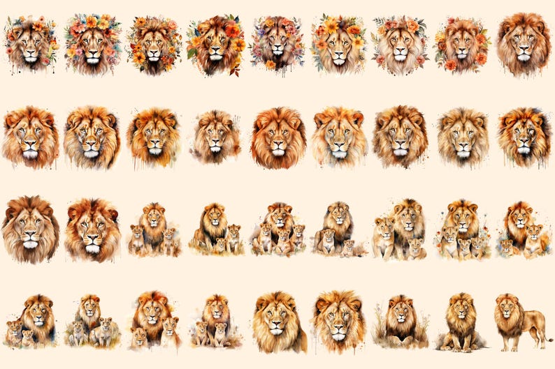Watercolor Lion Clipart Bundle – 248+ PNG Graphics, Commercial Use ...
