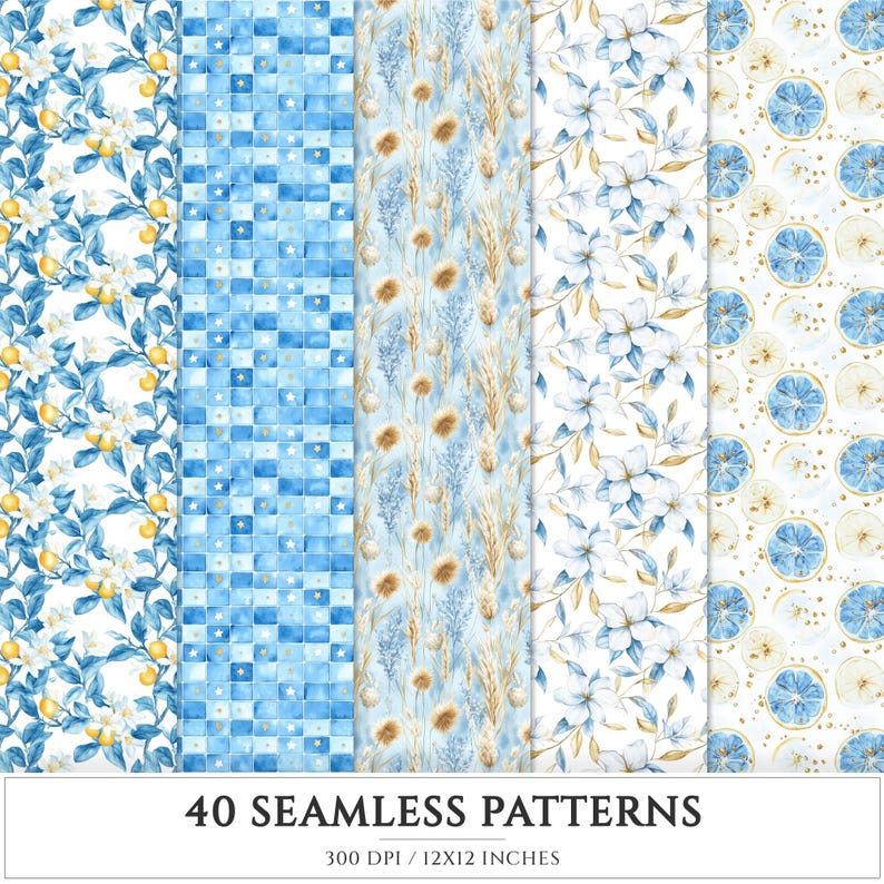 Capri Blue Seamless Patterns, Mediterranean, Seashells, Pampas (digital ...