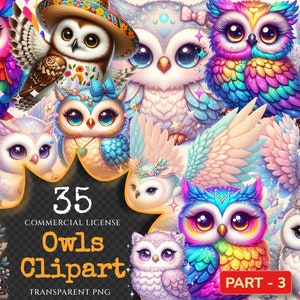 Owls (P-3) PNG Clipart Collection - 35 PNG, Charming owl illustrations, Forest creature printables, Commercial use, Digital download