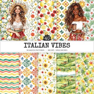 Italian Vibes Seamless Patterns, Mediterranean summer JPEG, Lemon motifs pattern, Italian tiles repeating pattern, Digital scrapbook paper
