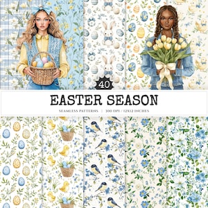 May include: A set of 40 digital seamless patterns featuring Easter themes. The patterns include blue forget-me-not flowers, yellow chicks, blue birds, and Easter eggs. The patterns are perfect for crafting, scrapbooking, and digital design.