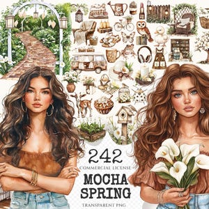 Mocha Spring Watercolor Clipart Set - 240+ transparent PNG, Spring garden graphics, Summertime cottage png, Commercial use, Digital download