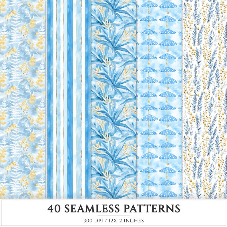Capri Blue Seamless Patterns, Mediterranean, Seashells, Pampas (digital ...