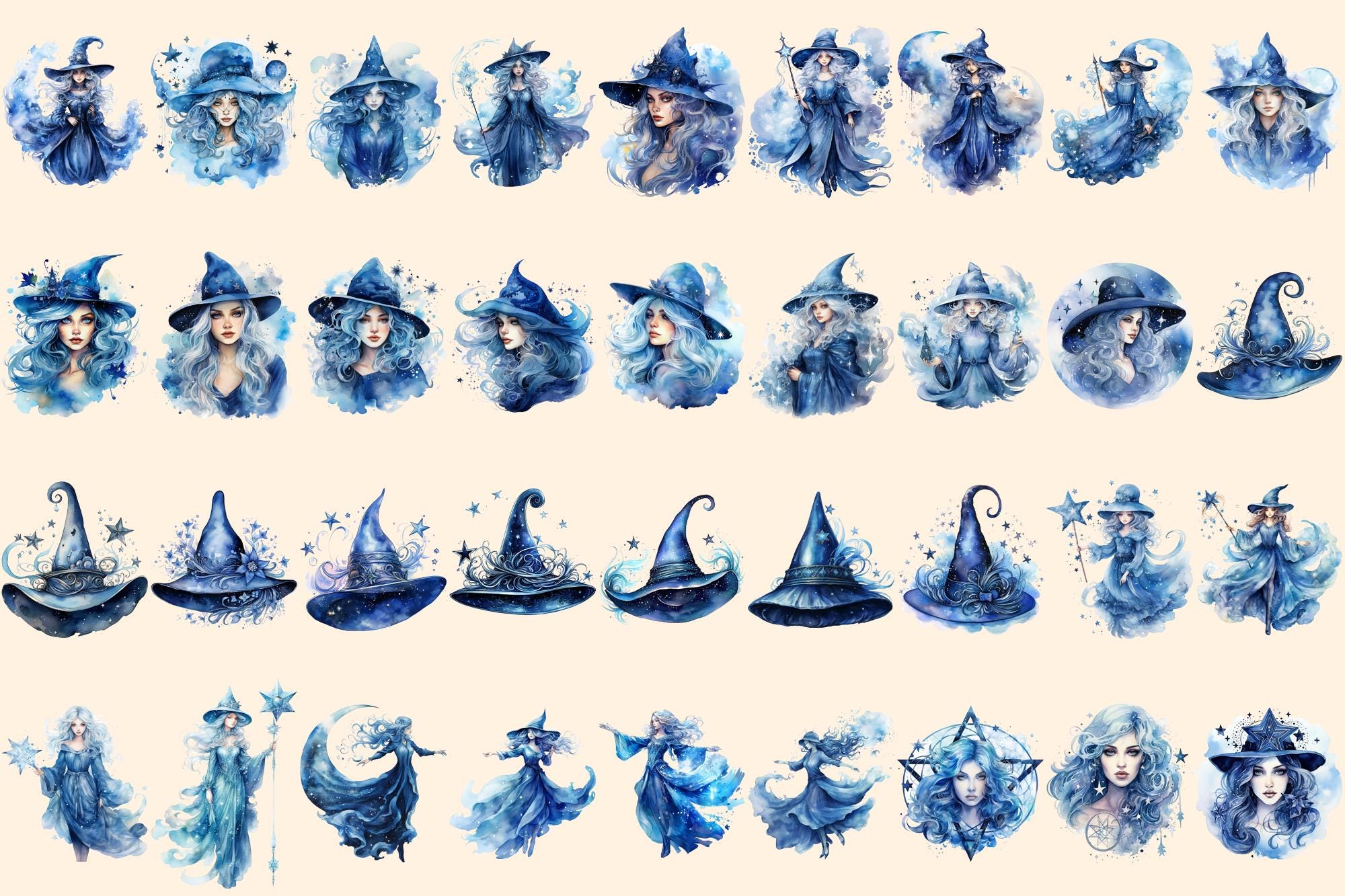 Celestial Witches Watercolor Clipart Bundle – Fantasy PNG Graphics ...