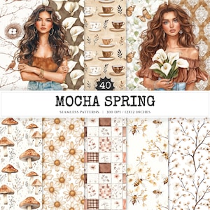 Mocha Spring Seamless Patterns, Cottage spring JPEG, Calla lily pattern, Mushroom, Spring flowers repeating pattern, Digital scrapbook paper