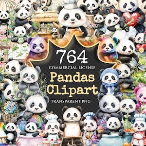 Pandas Watercolor Clipart Bundle - 760+ transparent PNG, Charming panda graphics, Bamboo-loving bear png, Commercial use, Digital download