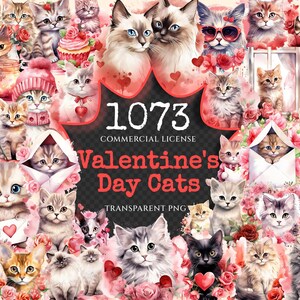 Valentine's Day Cats Watercolor Clipart Bundle - 1070+ transparent PNG, Romantic cat png,Loveable kitten art,Commercial use,Digital download