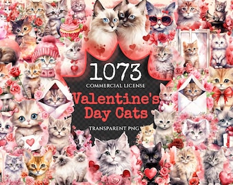 May include: A collection of 1073 Valentine's Day themed digital illustrations of cats. The cats are depicted in various poses and wearing different accessories, such as hearts, flowers, and bows. The illustrations are in a watercolor style and have a whimsical and romantic feel.