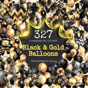 Black & Gold Balloons Watercolor Clipart Bundle - 323+ transparent PNG, Luxurious party images, Balloon png, Commercial use,Digital download