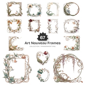 May include: A collection of 67 Art Nouveau frames featuring intricate botanical designs with vines, flowers, and leaves in muted earth tones. The text 67 Art Nouveau Frames Collection Transparent PNG is centered among the various rectangular, circular, and heart-shaped decorative borders.