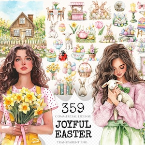 Joyful Easter Watercolor Clipart Set - 355+ transparent PNG, Spring bunnies eggs graphics, Easter joy art, Commercial use, Digital download