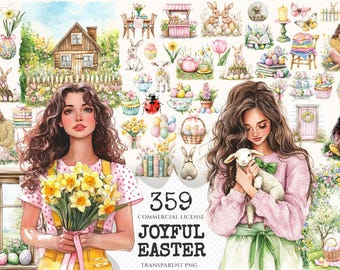Watercolor Easter Clipart Set – Bunnies, Eggs, Spring Graphics (Digital Download)
