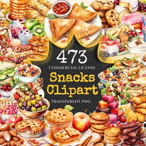 Snacks Watercolor Clipart Bundle - 470+ transparent PNG, Delicious snack variety graphics, Fast food png, Commercial use, Digital download