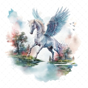 20 High-Quality Pegasus Landscape Clipart - Pegasus digital watercolor JPG instant download for commercial use - Digital download