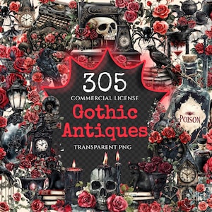 Gothic Antiques Watercolor Clipart Bundle - 300+ transparent PNG, Dark vintage graphics, Vintage images, Commercial use, Digital download