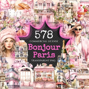 Bonjour Paris Watercolor Clipart Bundle - 575+ transparent PNG, Pink paris graphics, French illustrations, Commercial use, Digital download