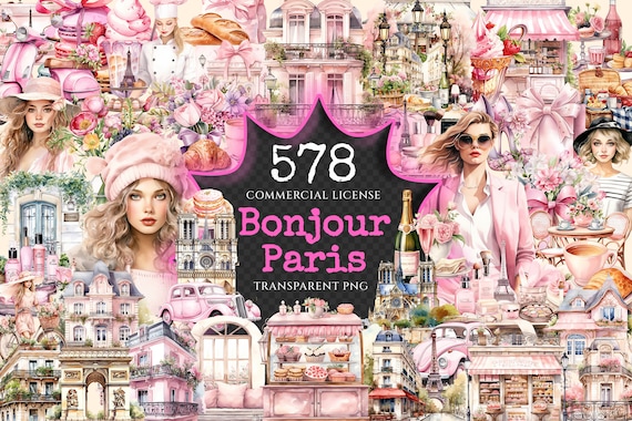Watercolor Paris Clipart Bundle – Pink French Graphics (Digital Download)