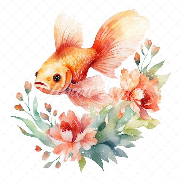 20 High-Quality Floral Goldfish Clipart - Floral goldfish digital watercolor JPG instant download for commercial use - Digital download