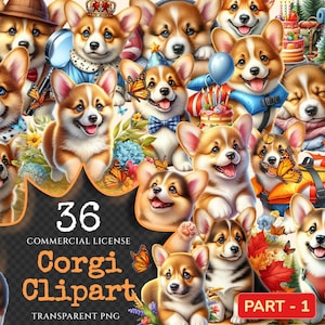 Corgi Clipart PNG Clipart Collection - 36 PNG, Adorable puppy graphics, Cute little dog printables, Commercial use, Digital download