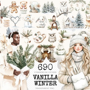 Vanilla Winter Watercolor Clipart Set - 685+ transparent PNG, Cozy cottagecore png, Rustic winter images, Commercial use, Digital download