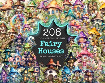 May include: A collection of 208 watercolour illustrations of fairy houses, each with unique details and colours. The houses are built into mushrooms, trees, and other natural elements. The image includes the text "208 Commercial License Fairy Houses Transparent PNG".